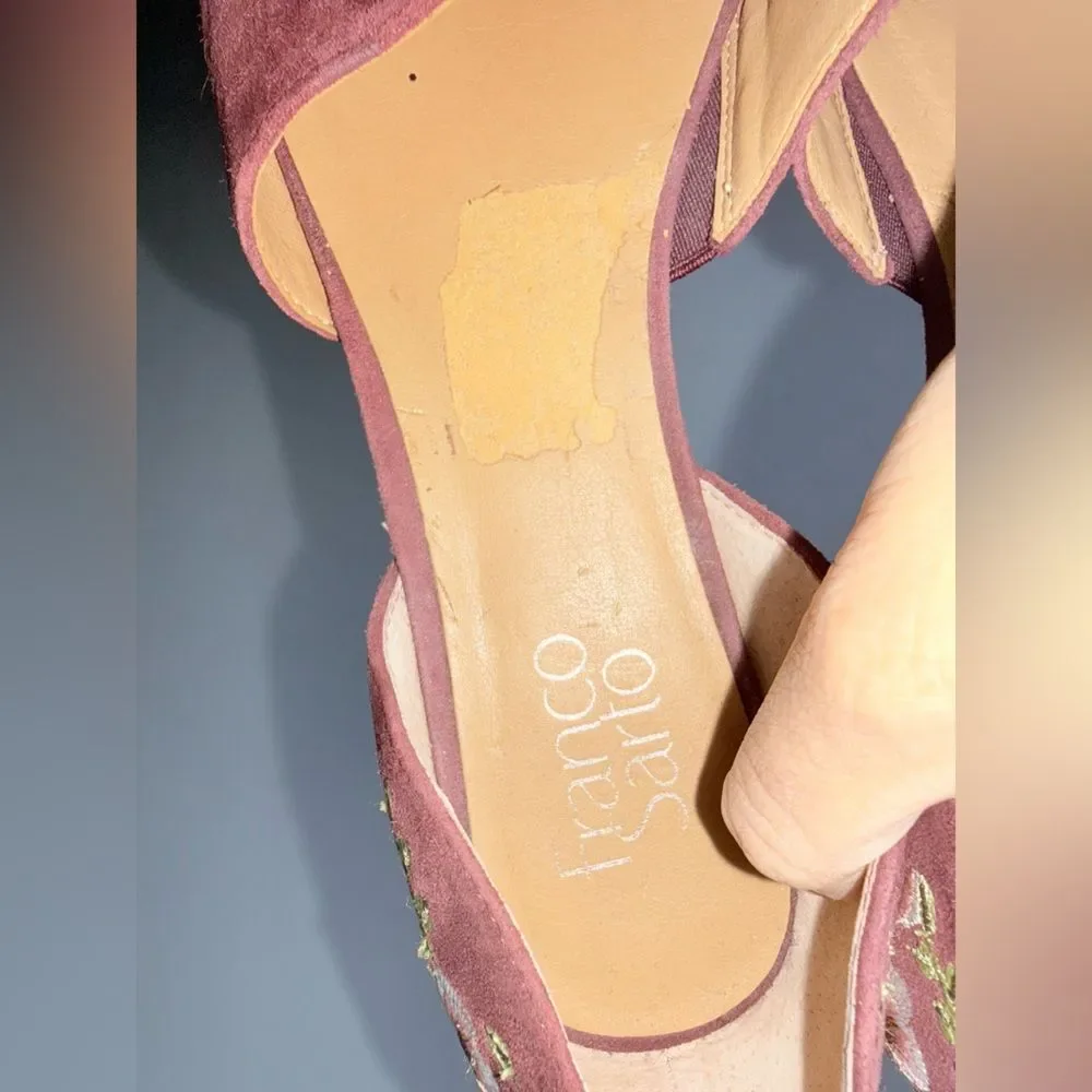 Franco Sarto Sanora D'Orsay flats burgundy suede with floral embroidery 9.5 EUC